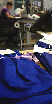 Blue smocks being made at Denby Dale Clothing